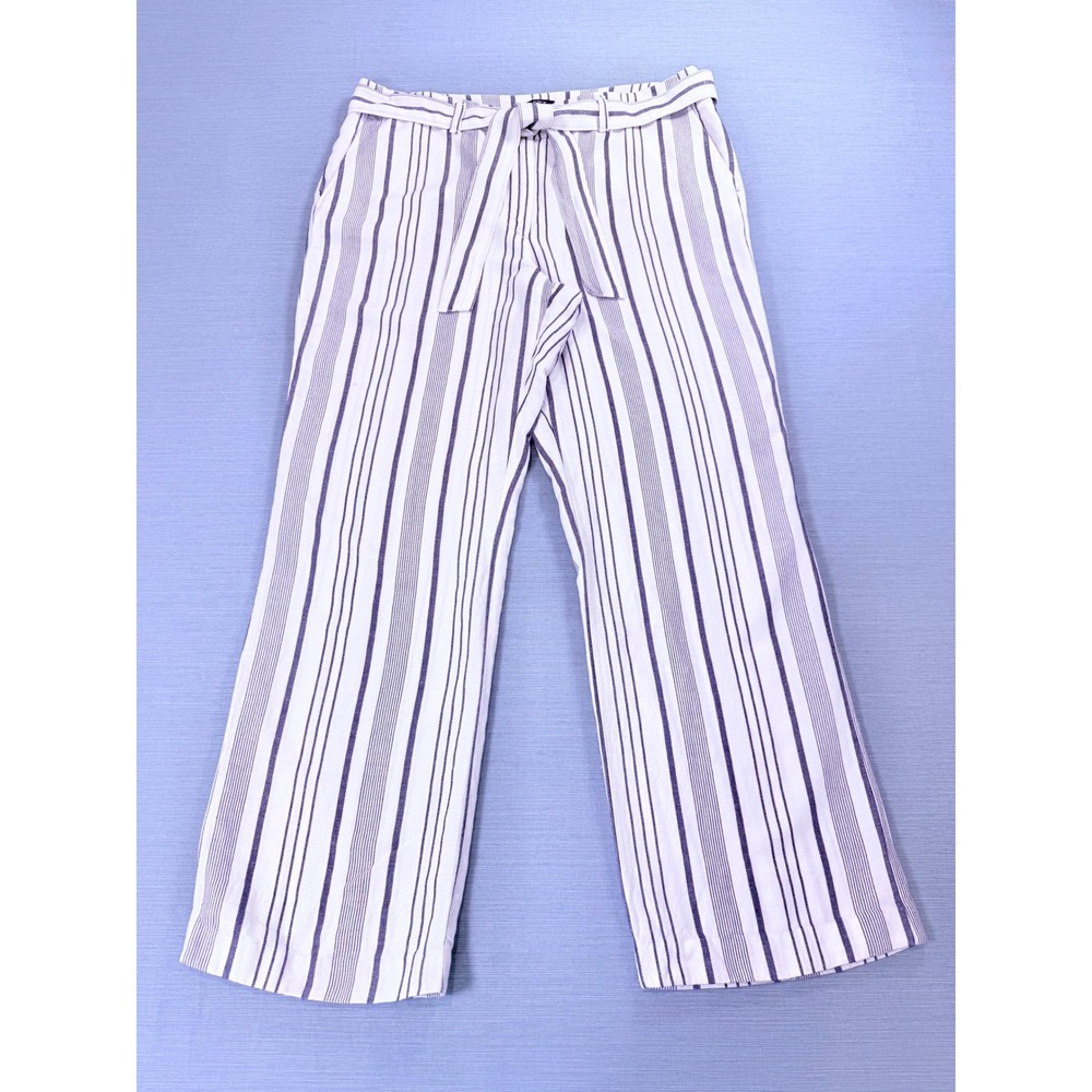 Ann Taylor Striped Wide Leg Pants Womens 12 White Blue Linen Blend Tie Waist